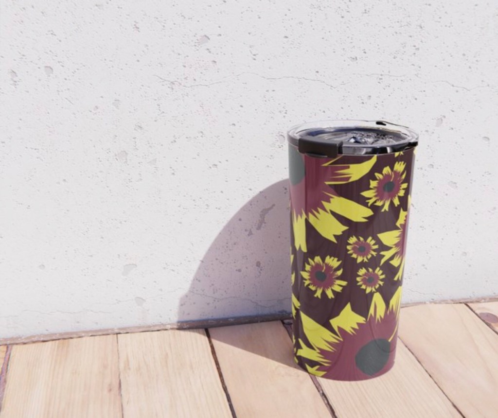 Black-Eyed Susan Love Metal Travel Mug designed by Visual Artist Keara Douglas of Delux Designs (DE), LLC